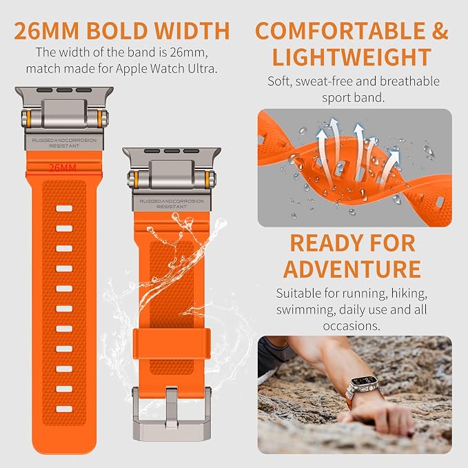 FOAMUNOC Rugged Band Compatible with Apple Watch Ultra 3/2/1 Band 49mm/46mm/45mm/44mm/42mm, Metal Connector with Strap for iWatch Ultra Series 11/10/9/8/7/6/SE3/SE2/SE/5/4/3/2/1, Orange/Titanium
