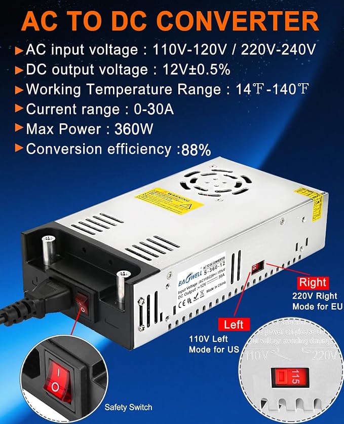 EAGWELL New Version 110V to 12V Converter 12V Power Supply 360W 30A | Universal Switching DC Power Supply for RV, Pump, LED Strip, LCD Monitor,Diesel Heater,3D Printer,CCTV,Computer Project