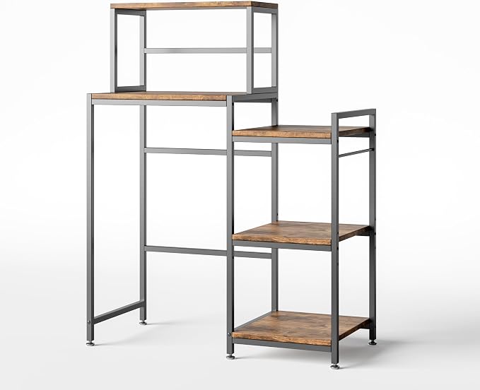 COCOLUCKY 6-Tier Mini Fridge Stand with Storage Shelf.Asymmetric 2-in-1 Design:Wide Side for Fridge+Microwave,Narrow Side for Spices & Utensils,Coffee Bar,Baker Rack for Dorm Kitchen,Vintage Brown