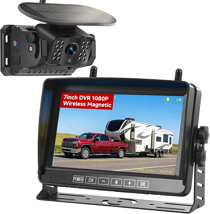Magnetic Wireless Backup Camera with 7" 1080P 4CH Monitor for Truck | 15000mAh Battery Solar Powered Waterproof Reverse camera, DVR Recording, 500ft Range for Horse Trailer RV Pickup Tractor Boat