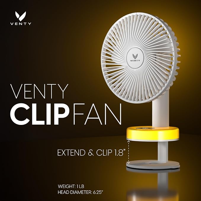 VENTY Portable Clip Fan - Rechargeable 10-Hour Battery Portable Fan - 360° Rotation & 90° Tilt - Stroller Fan, Desk Fan or Bedside Fan - Aromatherapy & LED Light - USB-C Cable & Carrying Pouch