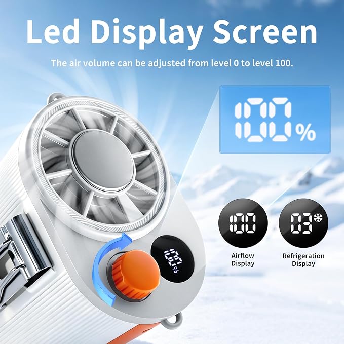 Wupsao Personal Portable Waist Fan with LED Display, Cool Clip Fan, Wearable with Ice-Cooling Plate, 8.2m/s Strong Wind 100-Speed Neck Fan, 4000mAh Body Cooling Products,(white)