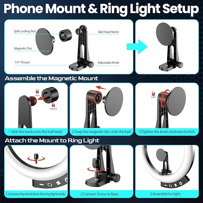 UBeesize 12'' LED Ring Light with 62'' Tripod Stand and Magnetic Phone Holder, Selfie Ring Light for Video Recording, Live Streaming, Compatible with iPhone & Android (Black)