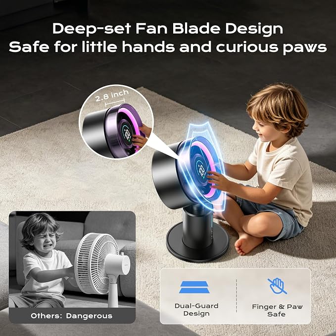 KIMMOO USB Rechargable Desk Fan, 2-in-1 Turbo Table Fan with 5-Color Light, 180° Oscillating,100 Speeds, 6000mAh Battery, LED Display, Quiet Portable Desktop Fan for Bedroom/Office/Dorm/Home (Black)