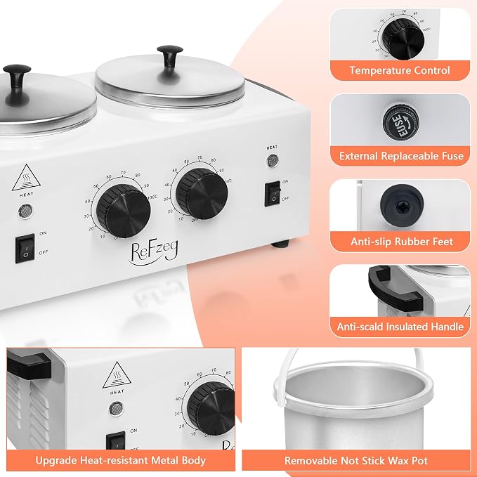 Professional Wax Warmer Double Pot Waxing Kit Heater Machine for Painless Hair Removal, with Adjustable Temperature Set, 50pcs Sticks, 20pcs Protective Collars