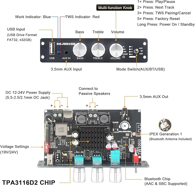 TW100U 100W Mono Amplifier Board, TPA3116D2 Digital Power Amp Module with Built-in Step-up Voltage Circuit (19V/24V), Supports TWS Wireless Pairing, Bluetooth 5.3, AUX, USB Input, DC 12-24V