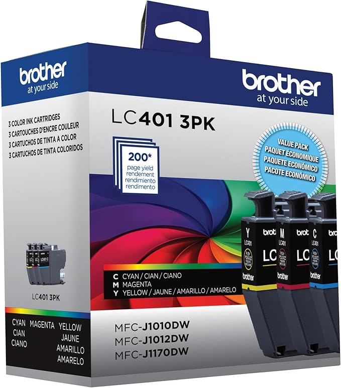 Brother Genuine LC401 Standard Yield 3-Pack Ink Cartridges â€“ Includes 1 Cartridge Each of Cyan, Magenta and Yellow , 3 Count (Pack of 1)