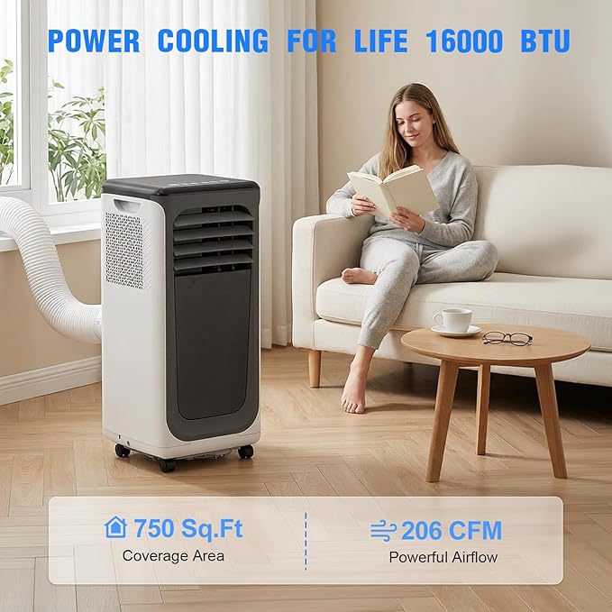 16000 BTU Portable Air Conditioner, 3-in-1 AC Unit with Cool/Dehumidify/Fan, Quiet Bedroom AC with Remote & WiFi Control, Cools Up to 750 Sq.Ft, Easy-Roll Portable Window AC Alternative