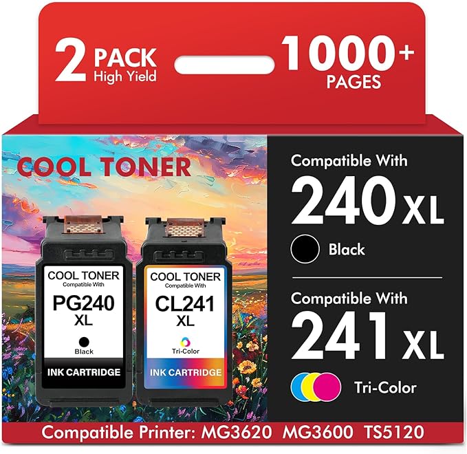 240XL 241XL Combo Pack MG3620 MG3600 Remanufactured Replacement for Canon 240 and 241 Ink Cartridges for PIXMA TS5120 MX472 MG3520 MG3220 MG2120 MG3120 MG3520 Printer PG-240 CL-241 （Black Tri-Color