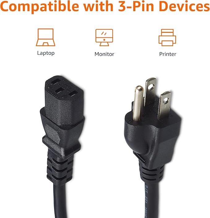 Amazon Basics Computer Monitor TV Replacement Power Cord, 10 ft, 24 count, Black