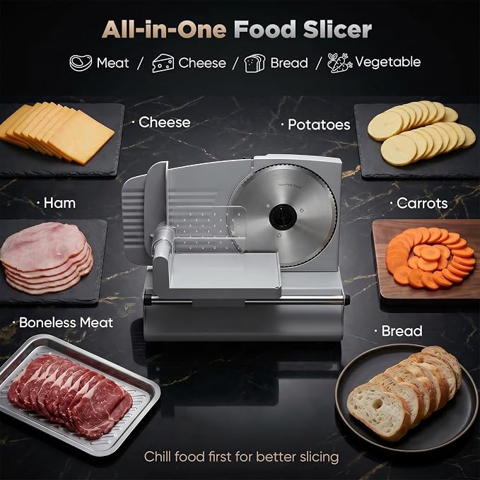 Sakerplus Electric Meat Slicer, 200W Food Slicer Machine with 2 Blades, 0-15mm Adjustable Thickness, Removable Blade, Food Pusher & Safety Guard for Meat, Bread, Vegetables