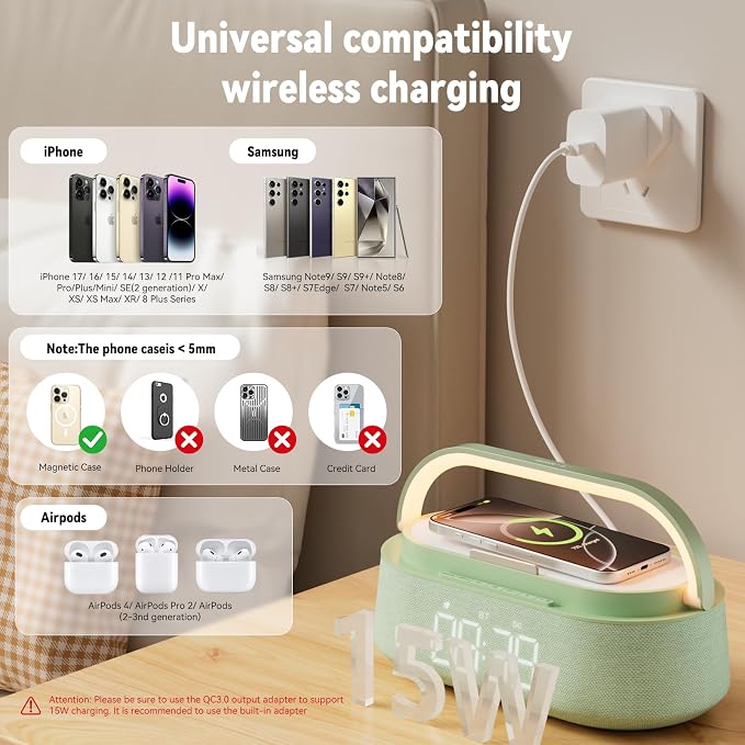 FREEFISH Bluetooth Speaker with Fast Wireless Charger,FM Radio,Touch LED Night Light,Phone Holder,Snooze, Portable Wireless Speaker for Bedrooms Office Home, Gifts