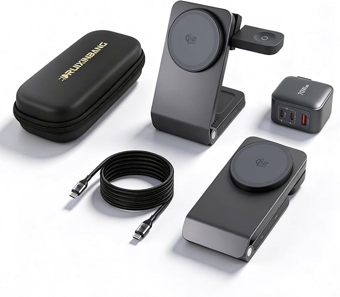Travel Wireless Charger, 3-in-1 Charging Station, 25W Wireless Charger, Foldable,TEC Active Cooling, for iPhone 17/16, Apple Watch, AirPods(Within 2C1A Charger+6Ft Cable)