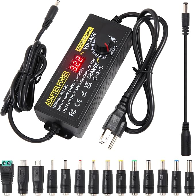 3V~24V 120W 5A Adjustable DC Power Supply AOYADAISU Universal Power Adapter with 14 Tips & Polarity Converter, 100-240V 50-60Hz Variable AC to DC Power Converter for LED Strip Light Camera 5000mA