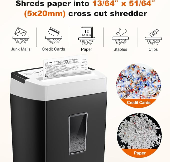 Bonsaii 12-Sheet Cross Cut Paper Shredder, 5.5 Gal Home Office Heavy Duty Shredder for Paper, Credit Card, Mail, Staples, with Transparent Window, High Security Level P-4