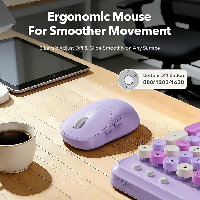 Wireless Keyboard and Mouse Combo with Phone/Tablet Holder, Full-Size Typewriter Keyboard, Retro Round Keycaps, 3-Level DPI Mouse, 2.4GHz Cordless Connection for Windows/PC/Laptop (Lavender & Cream)