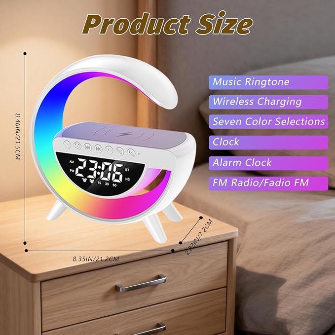 Wireless Charging Table Lamp Multifunctional Bluetooth Speaker & Alarm Clock - LED Bedside Desk Lamp Night Light for Heavy Sleepers, Superfine Bedroom Home Decoration (White)