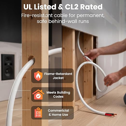 GEARit 16 Gauge Speaker Wire OFC 250 ft,OFC Speaker Wire 16 AWG UL CL2 Rated,16 AWG Copper Wire with Polarity Markings,Speaker Cable for in-Wall Home Theater,School,Church & Commercial Audio(White)