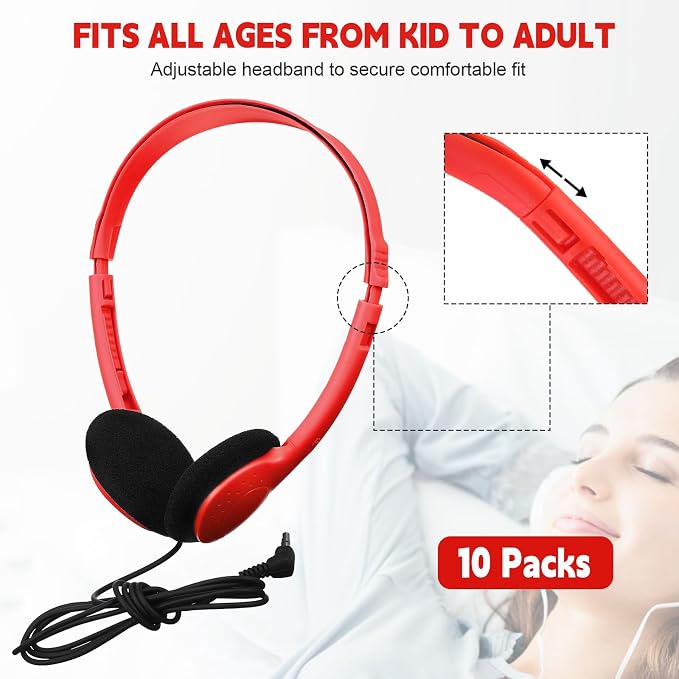 Konohan 30 Pack Headphones Bulk Headphone for School Classroom Student Wired Headphones Adjustable with 3.5 mm Jack for Adults (Red)