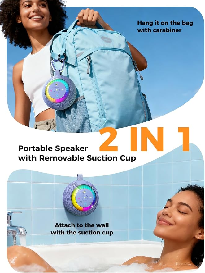 Bluetooth Shower Speaker Waterproof IPX7: Removable Vacuum-Lock Suction Cup, 360° Surround Sound, RGB Light, Portable Wireless Speaker for Beach, Pool, Kayak, Back to School Gifts for Adult Teen-Blue
