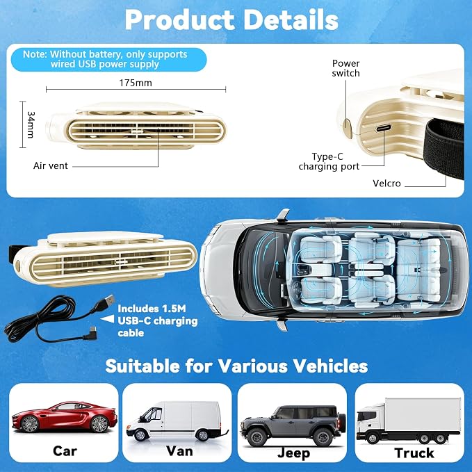 1PCS Car Seat Fan, Portable Car Fans for Backseat for Kids, USB Rechargeable Backseat Neck Cooling Air Conditioner Cooler Vent Clip on Fan with 3 Adjustable Wind Speeds Device for All Cars-Beige