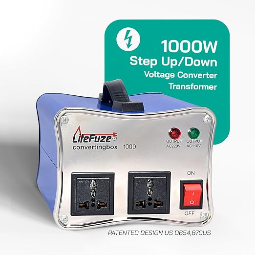 LiteFuze 1000W Voltage Converter Step-up/Down Auto Power Transformer - 110/120v to 220/240v - Heavy Duty – Circuit Breaker Protection – Converting Box Technology - Blue