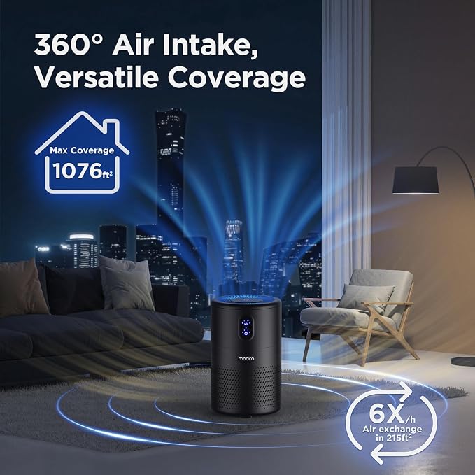 MOOKA Air Purifiers for Home Large Room up to 1076 ft², H13 True HEPA Air Filter Cleaner, Odor Eliminator, Remove Smoke Dust Pollen Pet Dander, Night Light, B-D02L Black