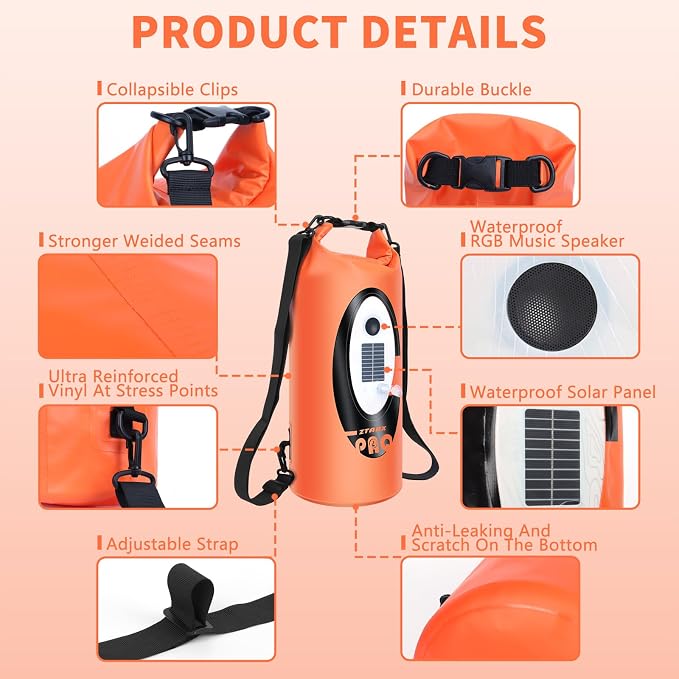 FELICON Waterproof Dry Bag Backpack with Bluetooth Speaker, 10L Roll Top Floating Sack, Solar & USB-C Powered Emergency Charger, RGB Light, Heavy Duty PVC for Kayaking Camping, Orange