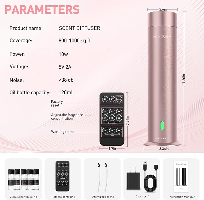 Waterless Scent Diffuser Starter Kit - 1000 Sq Ft Coverage, Hotel Scent Diffuser, Essential Oil Diffuser for Home & Large Room, Included 5 Scent Oils, Remote Control, Rosepink, 11In