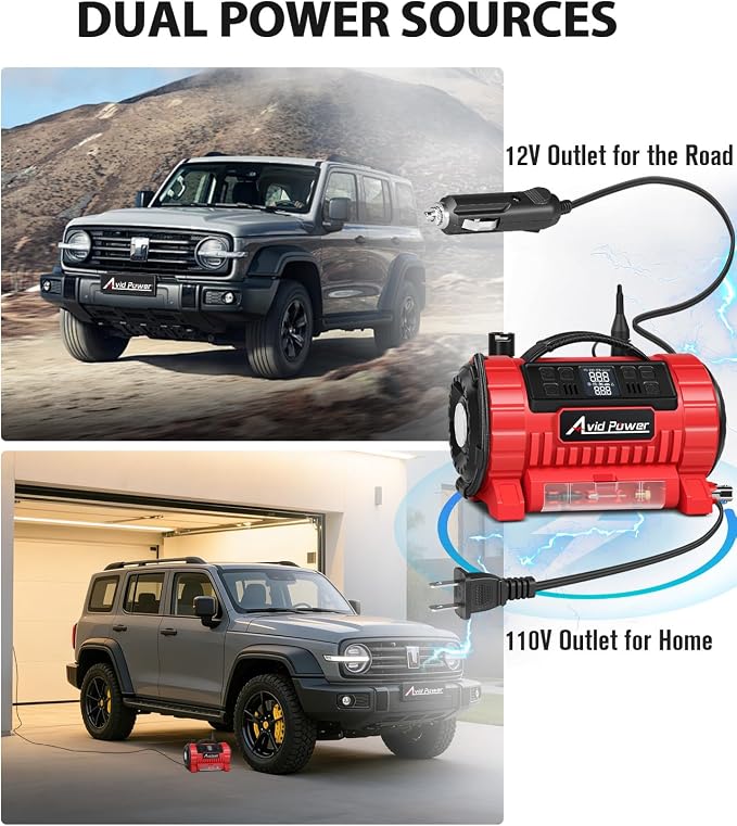 AVID POWER Tire Inflator Portable Air Compressor, 12V DC/110V AC Car Tire Pump with Inflation and Deflation, 5 Preset Modes, Digital LCD Gauge for Car Tires, Bike, and Air Mattress (Dark Red)