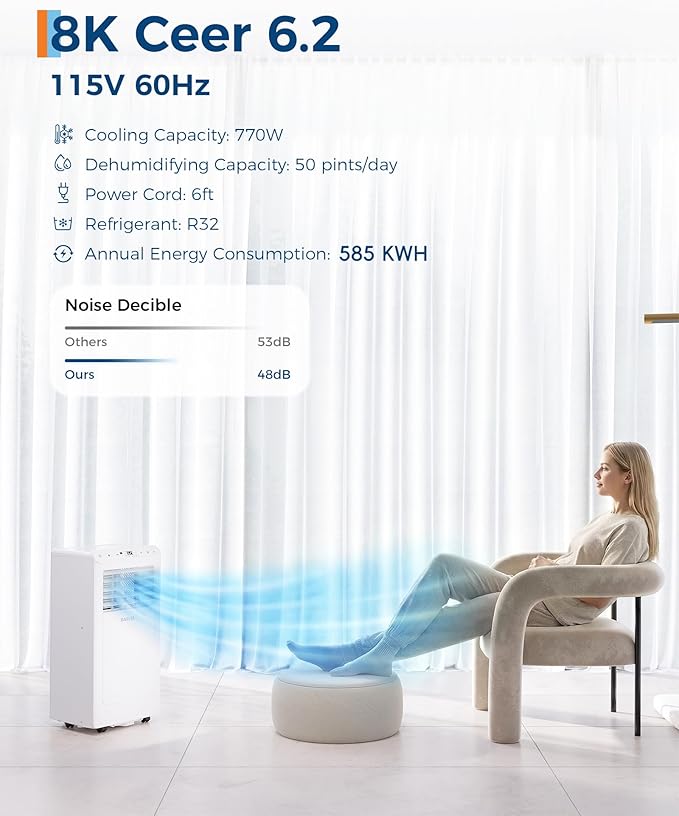 Garvee 8000 BTU Portable Air Conditioner,Up to 350 Sq.Ft. Remote Control 48dB Portable AC Unit, Dehumidifier, Fan, Sleep, 24H Timer&Installation Kit, DOE Certified, Ceer 6.2,White+White Panel