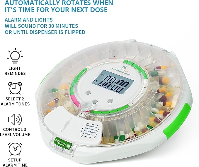 Bluetooth Automatic Pill Dispenser with App Setup for Elderly | Up to 9 Daily Doses, 28 Day Locked Medication Organizer Audio/Visual Alerts for Dementia & Chronic Care, Clear Lid