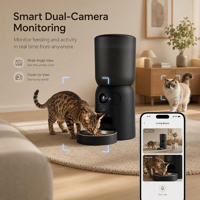 Automatic Cat Feeder with Camera, 2K WiFi Smart Pet Feeder with App Control, 6L Cat Food Dispenser, AI Pet Monitoring, Portion Control Automatic Pet Feeder for Cats & Dogs, Motion Tracking, Dual Power