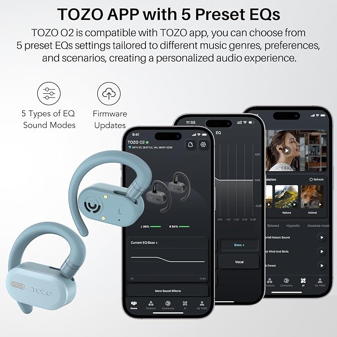 TOZO O2 True Open Ear Wireless Earbuds with Multi-Angle Adjustment, Bluetooth 5.3 Headphones with Bass Sound, Crystal-Clear Calls, 42 Hrs Playtime, Long-Lasting Comfort for Work, Driving, Sport Blue