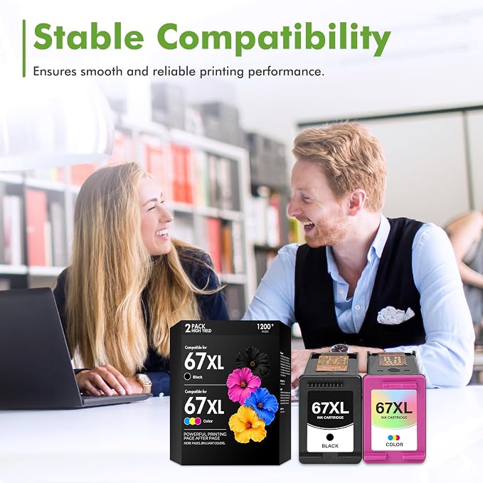 67 67XL Ink Cartridge Black/Color Combo Pack 2800e 2855e Replacement for HP67XL Work for HP Deskjet 2700 2755e 4255e 4155e 2827e 2852e 2700e Envy 6055e 6000 6400 6455e Printer (1 Black,1 Tri-Color)