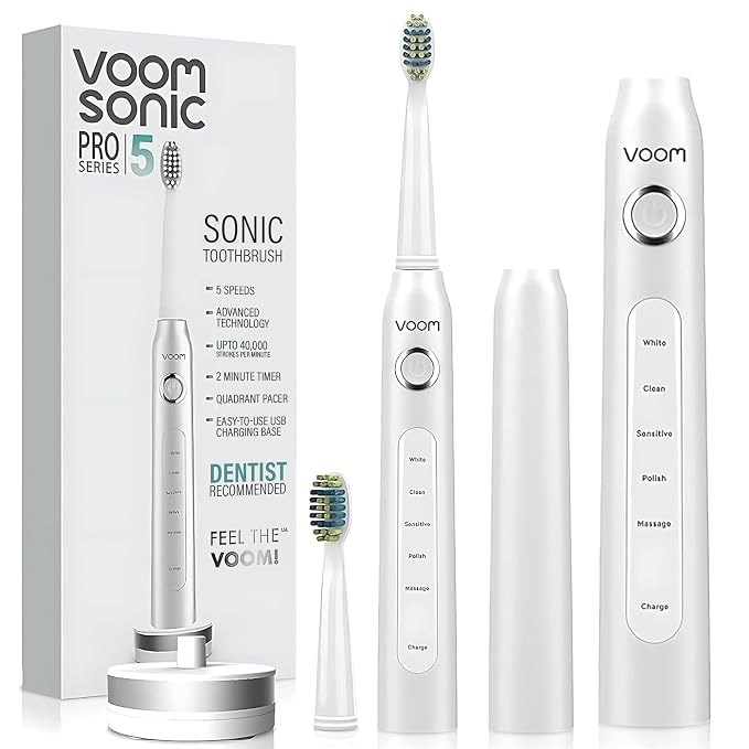 Voom Sonic Electric Toothbrush – Bathroom Essentials & Travel Essentials – Ultrasonic Electric Toothbrush for Adults – USB Rechargeable 40,000 Strokes/Minute – 5 Speeds – Pro 5 Series (White)