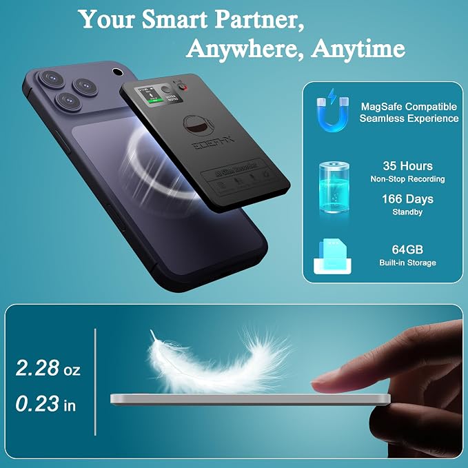 AI Voice Recorder, Transcribe & Summarize with Deep AI Analysis, Support 152 Languages, App Control, AI Noise Cancellation, Upgraded Built-in MagSafe, 64GB Audio Recorder for Meetings, Lectures, Call