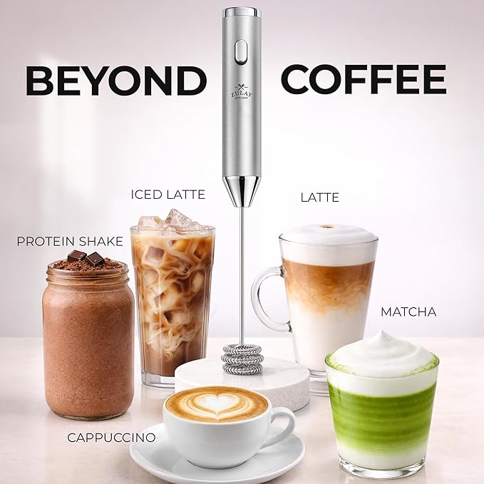 Zulay Kitchen Rechargeable Milk Frother Handheld - Frother Wand, Drink Mixer, Electric Whisk Frother, for Cappuccinos, Matcha & Protein Powder - Ultra Metal 4 Whisk, 1800mAh Silver
