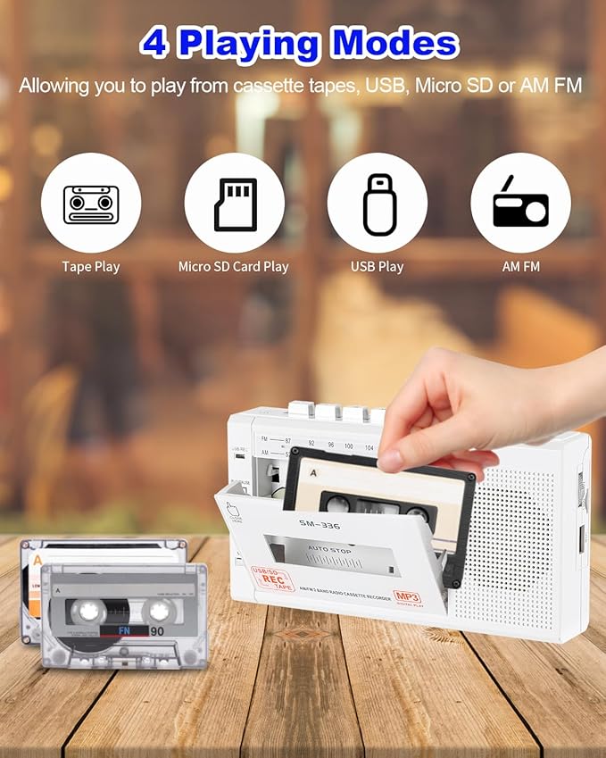 Portable Cassette Tape Player to Digital Converter via USB/SD Card, Record to Cassette/U Disk/SD Card via Mic, Power by AC or AA Battery, Portable Cassette Recorder with Speaker and Headphone Jack