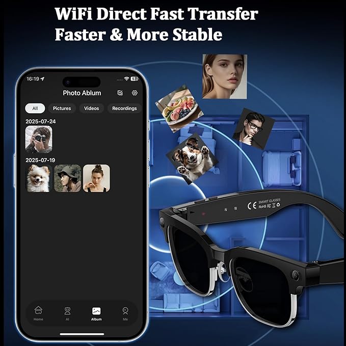 AI Smart Glasses with Camera, 8MPW Anti-Shake Bluetooth Camera Glasses, 1080P Video Recording Dual Mic Noise Reduction, Real Time Translation&Simultaneous Interpretation, 290mAh Capacity(W630)