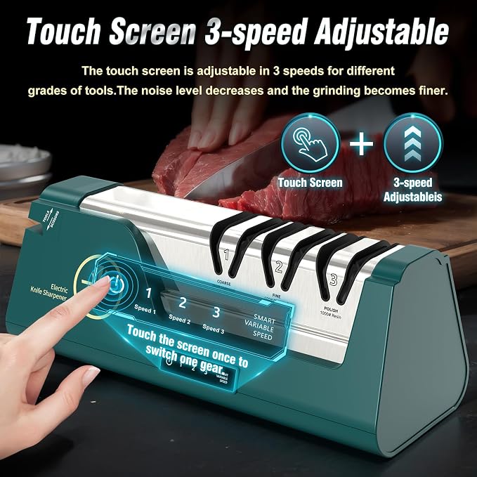 Electric Knife Sharpener with 3-speedTouchscreen, Open Sharpening Slot | 100% Diamond Abrasives, 4-Stage, Touch-Screen LCD, Suit for Scissors & Axes