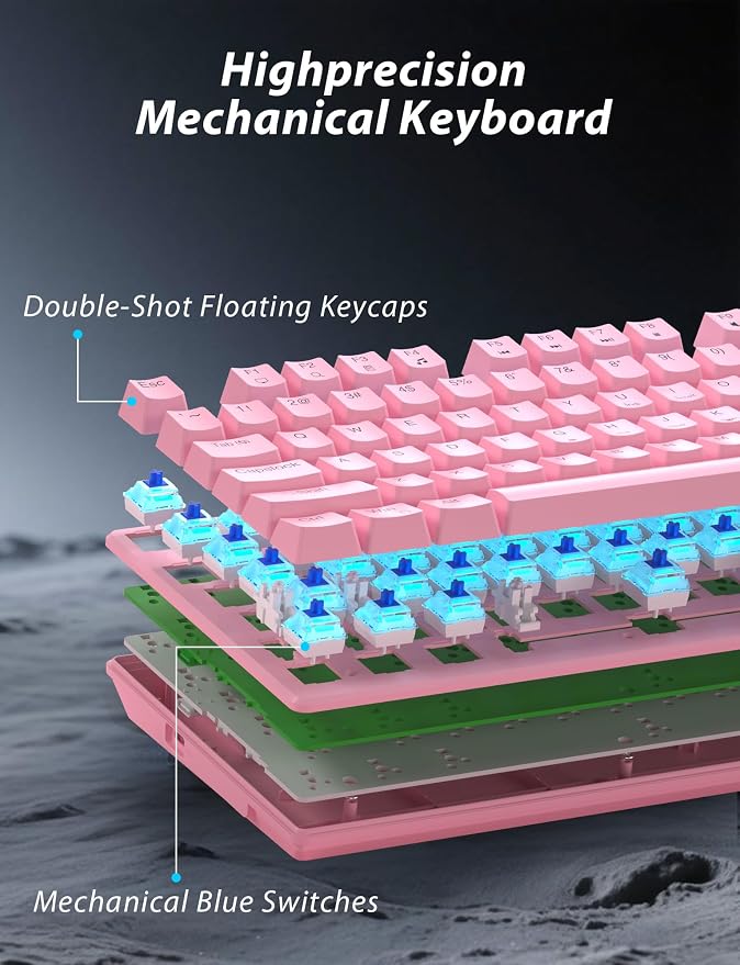 Wireless Mechanical Gaming Keyboard and Mouse Combo, 98 Keys RGB Backlit Rechargeable 2000mAh Battery, 3-Mode BT5.0/2.4G/USB-C (Pink)