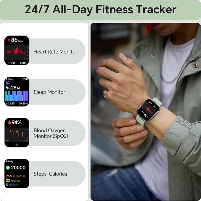 aeac Smart Watches for Women Men, 1.85" HD Smart Watch for Samsung/iPhone/Android, Fitness Tracker with 24/7 Heart Rate/Sleep/SpO2 Monitor, Smartwatch 120+ Sports Modes 3ATM Waterproof, Green