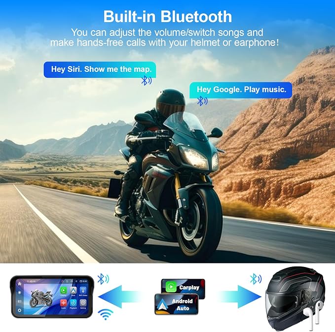 6.25" Motorcycle Carplay with GPS Navigation System, IPS Waterproof Touchscreen, Inculed SD-128GB, TPMS, HD Touch Screen Auto and Dual 1080P Camera/Dash Cam, Support iOS/Android, BT, Siri