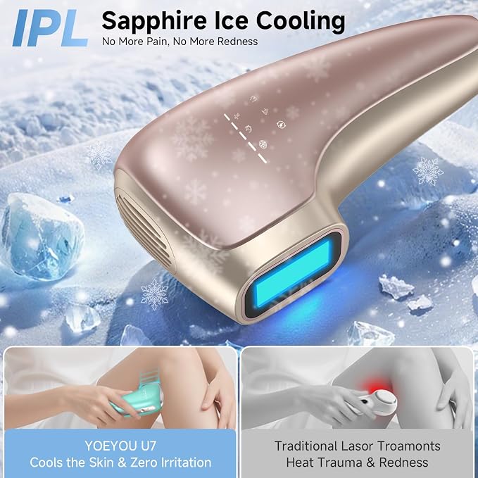 Sapphire Ice Cooling IPL Hair Removal Device, Painless At-Home Permanent Hair Remover for Women Men, 5 Levels 2 Modes for Full Body Use