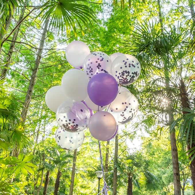 Restaurantware Balloonify 12 Inch Confetti Balloons 19 Party Balloons With Confetti Dots - With Ribbon Strong Latex Purple Latex Balloon Set Decorations For Photo Shoot Wedding Or Party