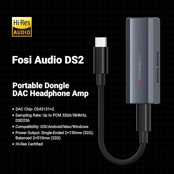 Fosi Audio DS2 USB C to AUX Headphone Amp DAC Dongle 3.5mm Jack Audio Portable Amplifier Dual Output DSD256 4.4mm Balanced High Resolution CS43131 for iPhone 15 Pro Max Plus iPad Android Phone