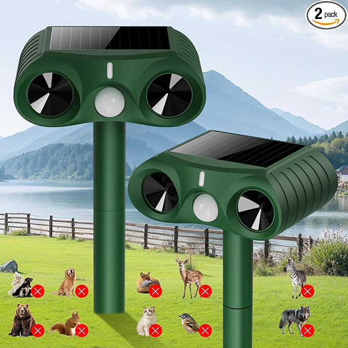 2026 Upgraded Solar Ultrasonic Animal Repellent Outdoor,Deer Repellent Devices Waterproof,Motion Activated Cat Repellent Outdoor,Squirrel Raccoon Skunk Rabbit Dog Bird Deterrents for Yard -2 Pack