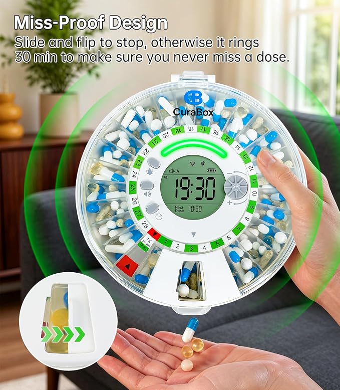 Bluetooth Automatic Pill Dispenser with App, Alarm, Light Alerts, 28-Day Medication Organizer for Seniors & Caregivers with Tracks Adherence History, Clear LCD, Key Lock, for Vitamins Prescriptions