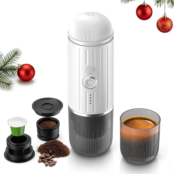 i Cafilas Portable Espresso Machine Self-Heating | Battery Powered Coffee Maker for Camping without Electricity| 2-in-1 Ground Coffee&NS Capsule|19 Bar| USB-C Fast Charge| White Coffee Maker for Car